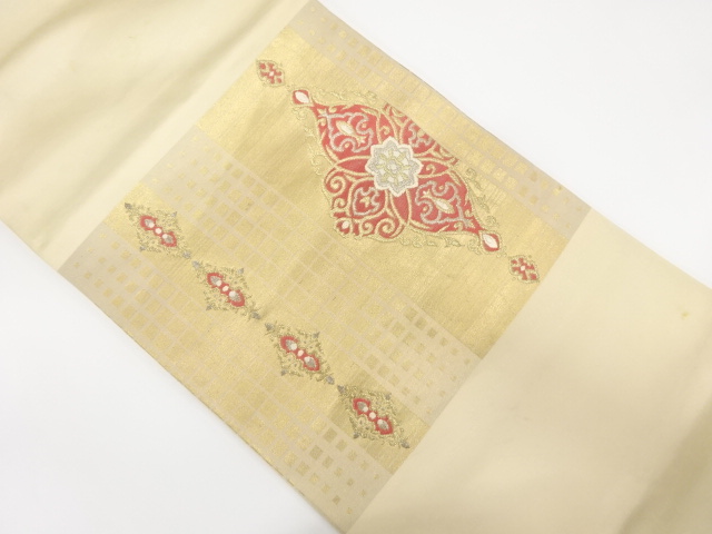 アンティーク　変わり格子に華紋織り出し袋帯（材料）